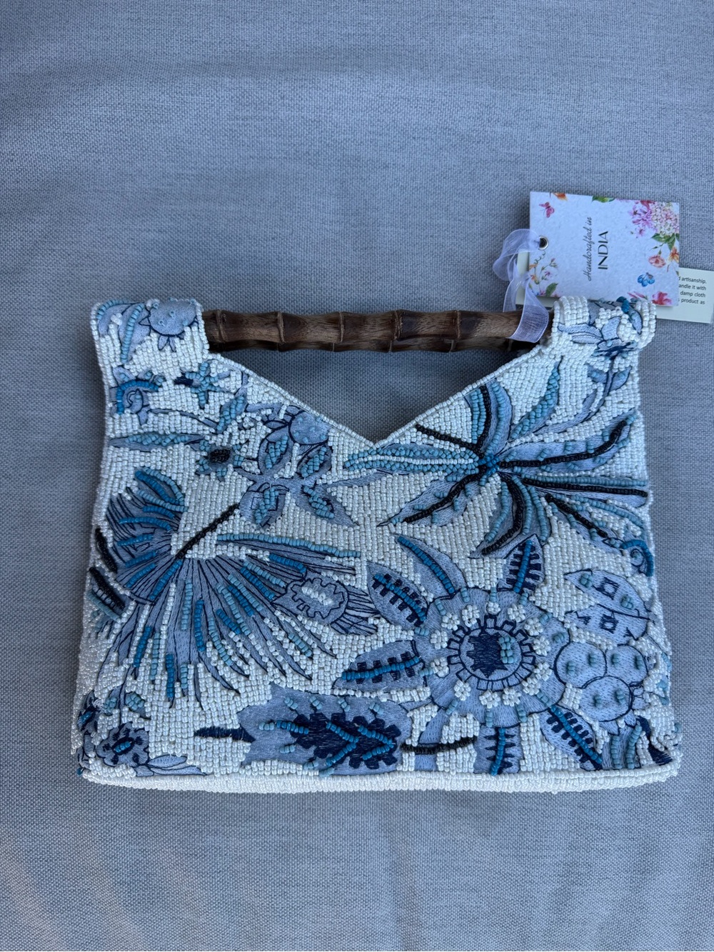 NWT BEADED PURSE Blue Floral BAG w Bamboo Handle Sequin Statement Bag - Picture 14 of 16